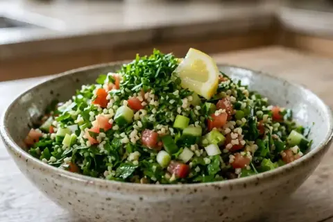 Un bol de taboulé maison frais et coloré, garni d'une tranche de citron.