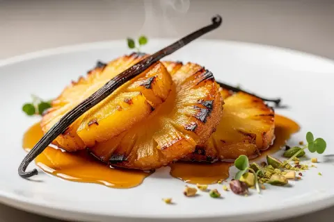 Tranches d'ananas rôti caramélisées, nappées d'un sirop ambré, garnies d'une gousse de vanille et de pistaches concassées.
