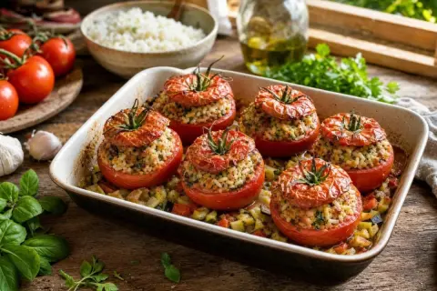 Tomates farcies laurent mariotte, garnies de riz et d'herbes, dans un plat avec des légumes.