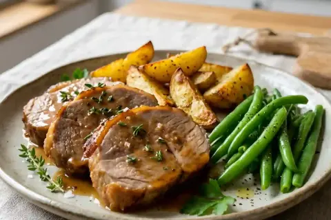 Tranches de tendron de veau nappées de sauce, accompagnées de pommes de terre rôties et haricots verts. Une recette savoureuse.