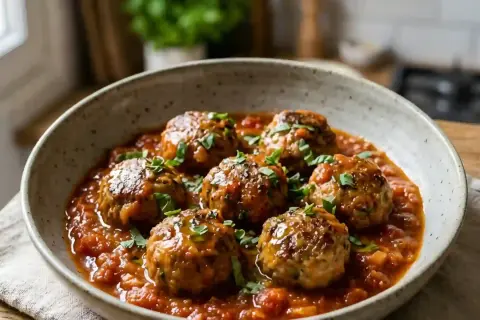 Un plat réconfortant de boulettes de viande dans une sauce tomate savoureuse, garni de persil frais. Une recette de boulette de viande qui fait saliver.