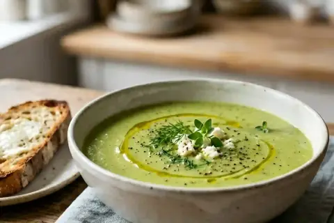 Soupe courgette crémeuse, garnie d'herbes fraîches et de fromage émietté, servie avec une tranche de pain grillé. Un délice qui rappelle la douceur de la Vache qui rit.