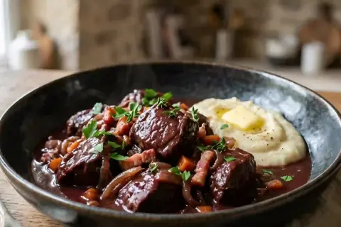 Un plat de civet de chevreuil recette grand chef, servi avec une purée onctueuse et garni d'herbes fraîches.