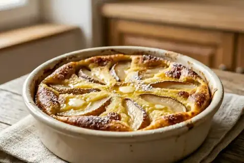 Un délicieux clafoutis aux poires, doré et saupoudré de sucre glace, prêt à être dégusté.