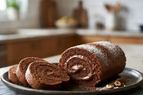 Un délicieux roulé au Nutella, saupoudré de sucre glace, sur une assiette avec quelques noisettes. Un vrai plaisir gourmand !