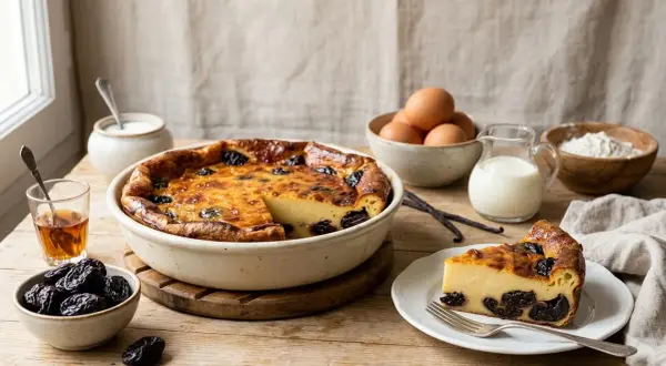 Un délicieux far breton aux pruneaux, avec ses ingrédients : œufs, lait, farine, sucre, pruneaux et une touche d'alcool.
