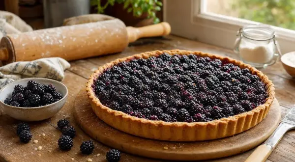 Une délicieuse tarte mûres, garnie de fruits frais, est prête à être dégustée. Un rouleau à pâtisserie et un bol de mûres complètent la scène.