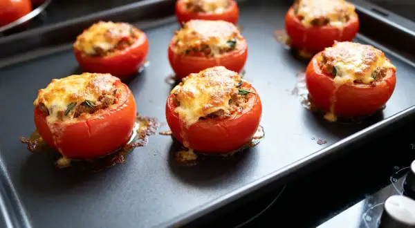 Tomates farcies au fromage gratiné sur une plaque de cuisson. Le temps de cuisson est presque terminé, le fromage est doré.