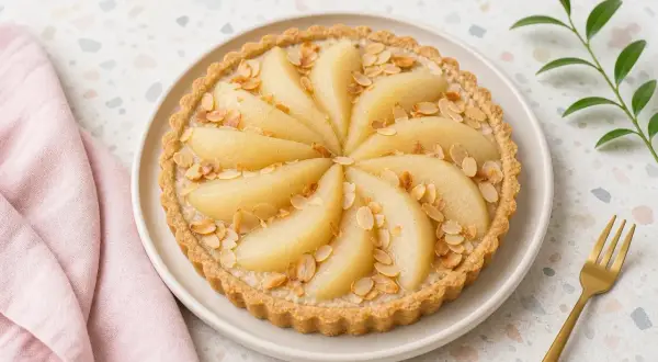 Tarte amandine aux poires, joliment décorée de lamelles d'amandes grillées et de poires tendres disposées en rosace.