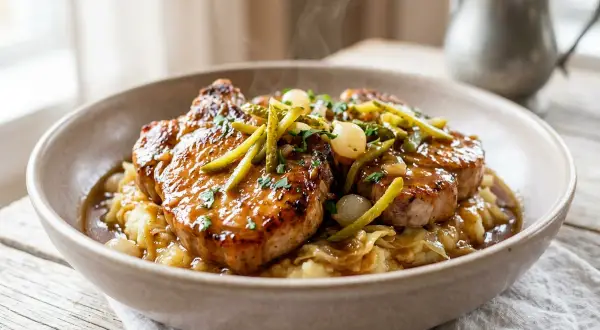 Délicieuse côte de porc charcutière, nappée d'une sauce onctueuse, servie sur un lit de purée et garnie de cornichons et d'oignons grelots.