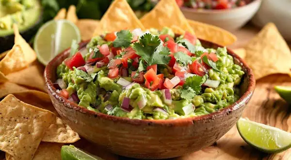 Un bol de guacamole traditionnel, garni de tomates et coriandre, entouré de chips tortilla et de quartiers de lime. Parfait pour une recette facile.