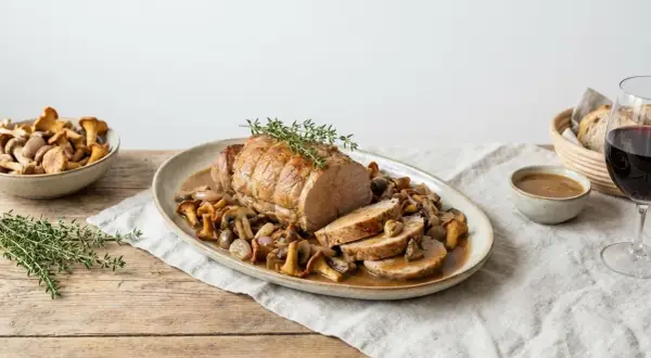 Délicieux quasi de veau rôti, servi avec une poêlée de champignons et une sauce onctueuse. Une recette parfaite pour un repas savoureux.