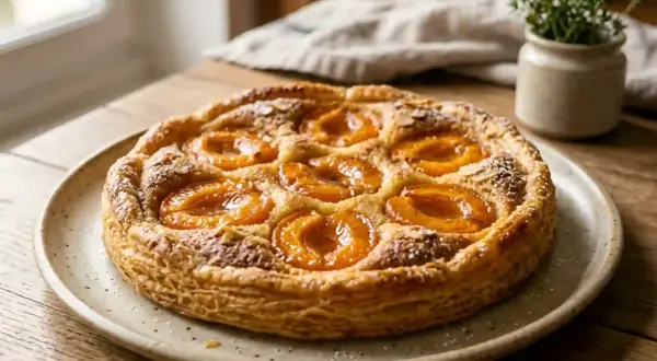 Une délicieuse tarte aux abricots classique, dorée et garnie de fruits juteux, prête à être dégustée.