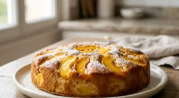 Gâteau aux pêches doré, saupoudré de sucre glace, prêt à être dégusté.