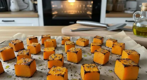 Dés de courge butternut rôtis, parfaits pour une recette facile et savoureuse. Assaisonnés d'herbes et d'huile d'olive, prêts à être dégustés.