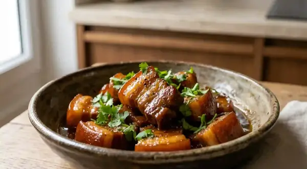 Un plat appétissant de porc au caramel, garni de coriandre fraîche, prêt à être dégusté.
