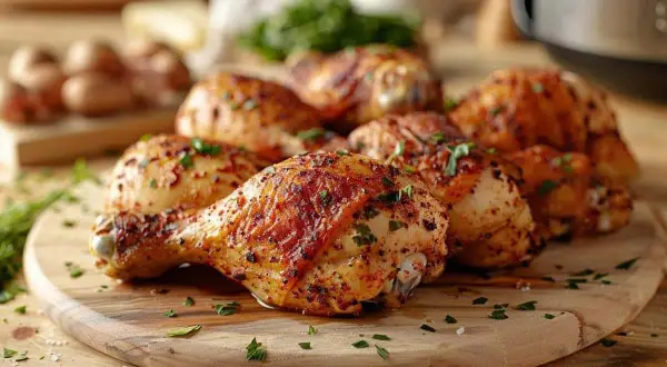 Délicieuses cuisses de poulet croustillantes, préparées à l'air fryer, garnies d'herbes fraîches sur une planche en bois.