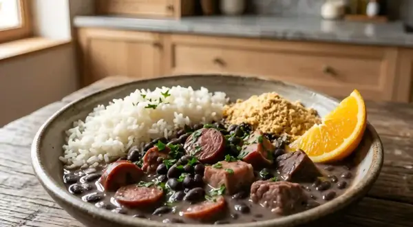 Un plat de feijoada brésilienne, avec riz blanc, haricots noirs, saucisses, viande, farofa et une tranche d'orange.
