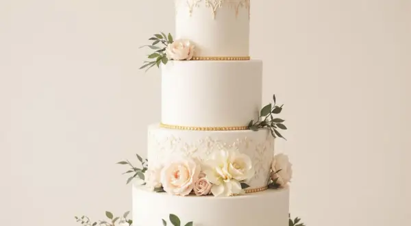 Magnifique gâteau des mariés à quatre étages, orné de dentelle dorée, de roses pâles et de feuillage.