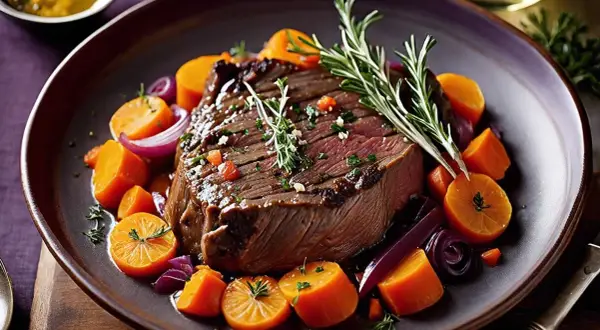 Un plat de daube de boeuf savoureux, garni de carottes, d'oignons rouges et de romarin frais.