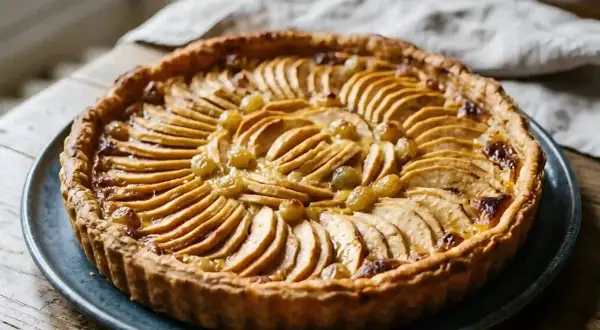 Tarte normande aux pommes et raisins, dorée et appétissante, prête à être dégustée.