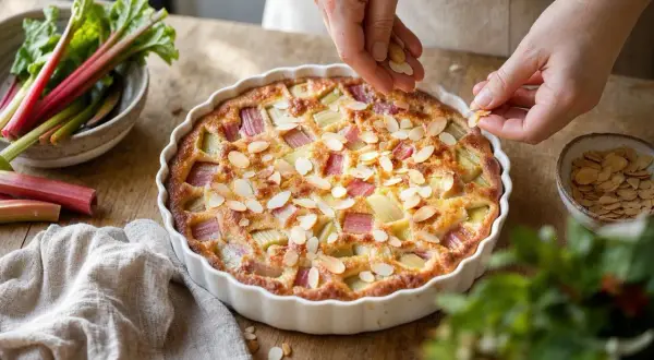 Un clafoutis rhubarbe aux amandes effilées, garni par des mains expertes, prêt à être dégusté.