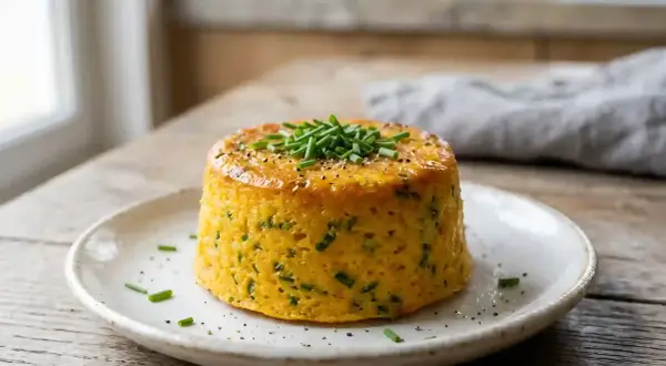 Un délicieux flan de carottes, garni de ciboulette fraîche et de poivre noir, sur une assiette blanche.