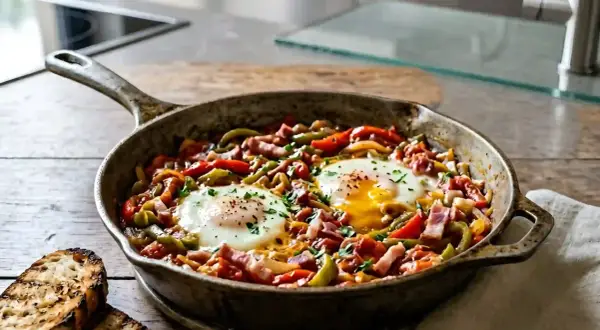 Poêlée de poivrons, tomates et œufs pochés, une délicieuse piperade recette, garnie de persil frais.