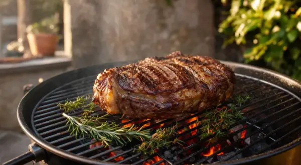 Un gros morceau de côte de bœuf, prêt pour une marinade, grille sur un barbecue avec du romarin.