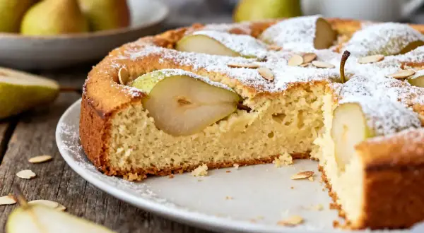 Un gâteau aux poires moelleux, saupoudré de sucre glace et décoré d'amandes effilées. Des poires fraîches sont intégrées dans la pâte.