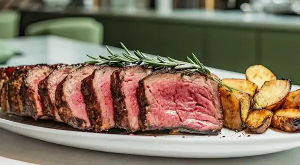 Une succulente entrecôte au four, tranchée et garnie de romarin, accompagnée de pommes de terre rôties sur une assiette blanche.