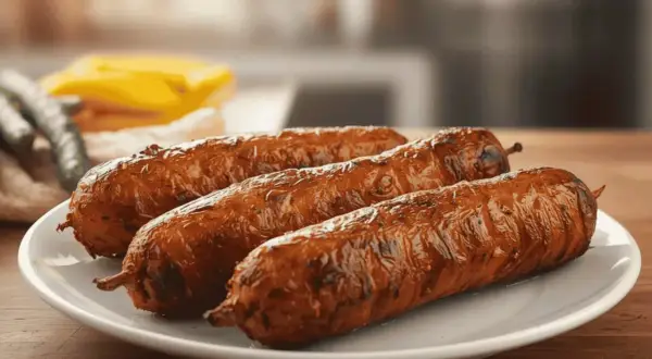 Trois andouillettes dorées et appétissantes, cuites à la perfection dans un air fryer, sur une assiette blanche.