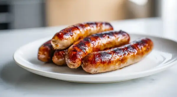 Saucisses dorées et juteuses, parfaitement cuites à l'air fryer, sur une assiette blanche. Un délice croustillant !