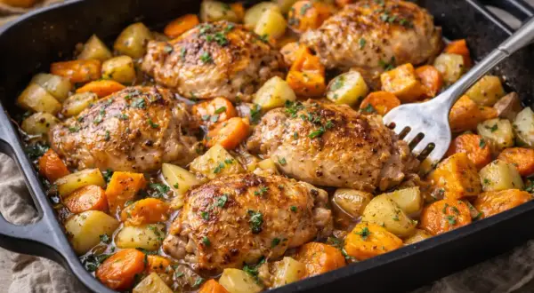 Délicieux poulet rôti avec pommes de terre et carottes, une recette one pot au four parfaite pour un repas simple et savoureux.