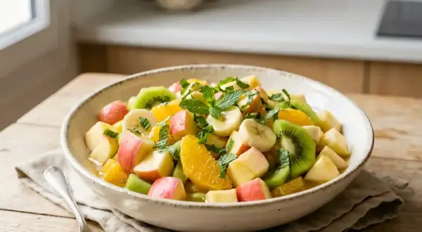 Un bol généreux de salade de fruits colorée, garnie de menthe fraîche. Pommes, kiwis, bananes et oranges se mélangent pour un délice rafraîchissant.