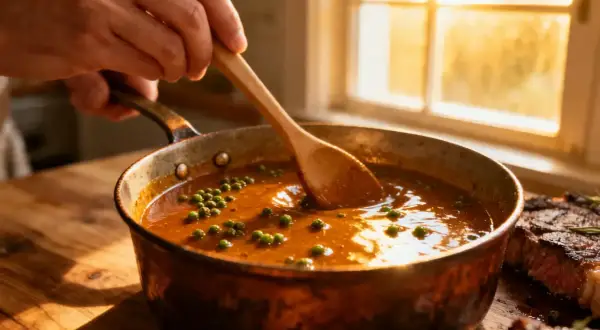Une main remue une sauce onctueuse aux grains de poivre vert dans une poêle en cuivre, prête à napper une bavette de bœuf.