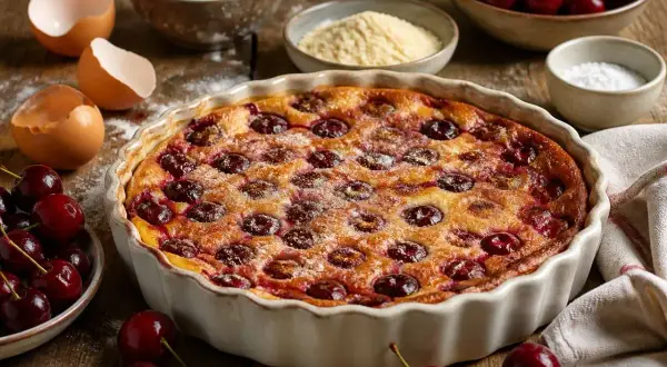 Un clafoutis aux cerises moelleux et léger, doré et parsemé de sucre glace, prêt à être dégusté.