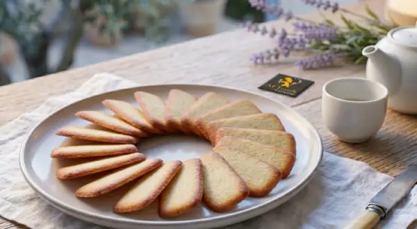 Un plateau de langues de chat dorées disposées en cercle, prêtes à être dégustées avec une tasse de thé.