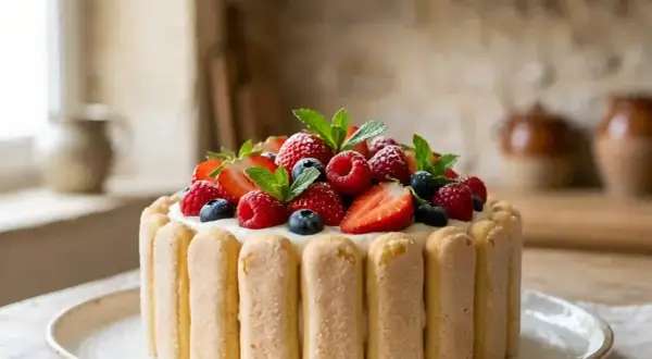 Délicieuse charlotte aux fruits, garnie de fraises, framboises et myrtilles fraîches, entourée de biscuits à la cuillère.