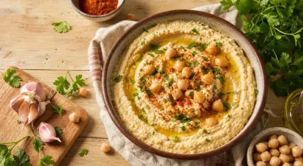 Un bol de houmous crémeux, garni de pois chiches, persil et paprika. Une recette maison facile, avec ail et pois chiches à côté.