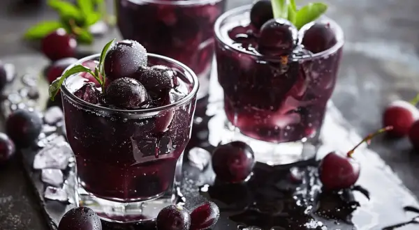 Trois verres de boisson sombre et rafraîchissante, ornés de cassis fruit et de feuilles vertes, sur un plateau noir mouillé.