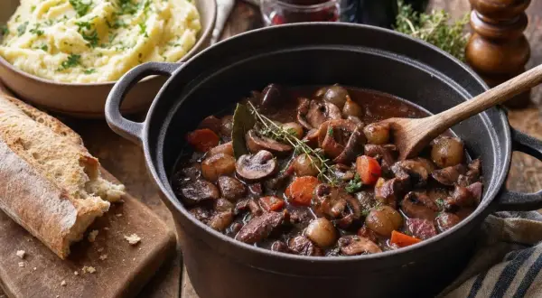 Un réconfortant bourguignon de champignons mijote dans une cocotte, accompagné de purée et d'une baguette croustillante.