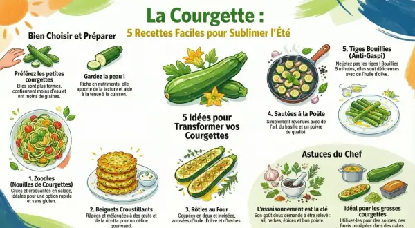 Illustration montrant diverses méthodes de cuisson des courgettes : en zoodles, beignets, rôties, sautées, et les tiges bouillies.
