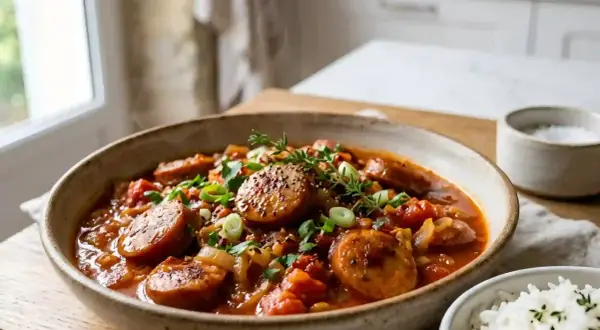 Un plat de rougail saucisse savoureux, garni d'herbes fraîches et d'oignons verts, servi dans un bol rustique.