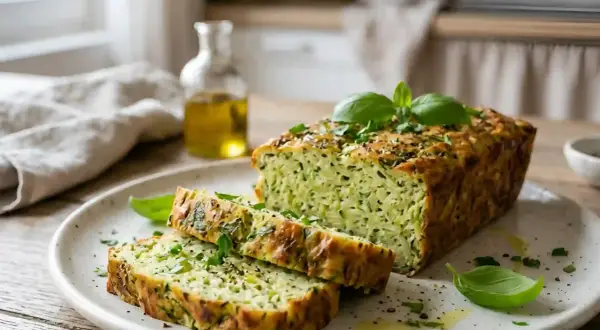 Une tranche de terrine de courgettes facile et délicieuse, garnie de basilic frais, sur une assiette.