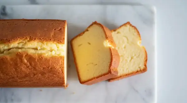 Un délicieux quatre-quarts doré, coupé en tranches sur une planche de marbre.