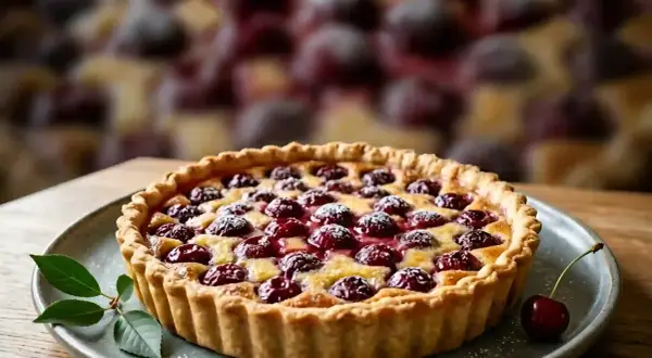 Tarte aux cerises à l'ancienne, garnie de fruits rouges brillants et saupoudrée de sucre glace. Une gourmandise réconfortante.