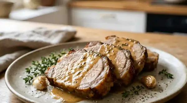 Tranches de rôti de porc au lait de grand-mère, nappées d'une sauce onctueuse, garnies de thym et d'ail rôti. Un délice réconfortant.