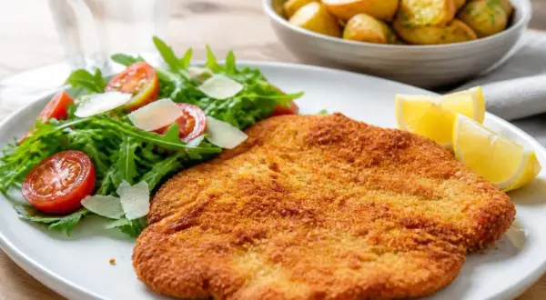 Escalope milanaise dorée et croustillante, servie avec une salade fraîche de roquette, tomates cerises et copeaux de parmesan. Une recette simple et savoureuse.
