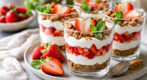 Délicieux dessert fraise en couches : fruits rouges, crème onctueuse et crumble croustillant, garni d'une fraise fraîche et d'une feuille de menthe.